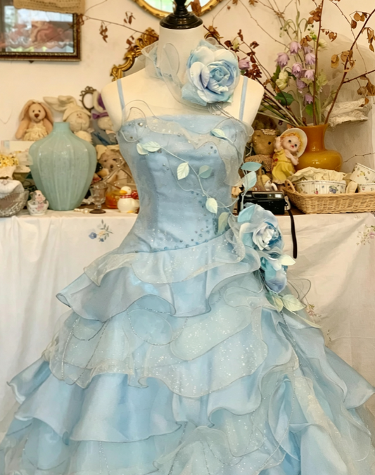 Gorgeous Light Blue Spaghetti Strap 3D Flower Appliques Multi-Layer Glitter Ruffle A Line Long Pom Dress AD1058
