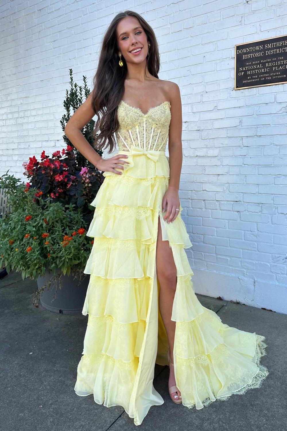 Blush Pink A-Line Lace Corset Prom Dress With Tiered Ruffle Skirt & Slit AD106