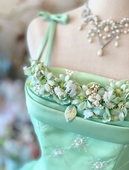 Elegant Mint Green Spaghetti Strap Floral Embellished Corset A Line Tulle Long Prom Dress AD1065