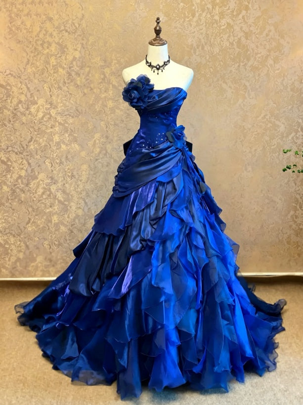 Elegant Royal Blue Strapless Large 3D Rose Accent Rhinestone Detail Multi-Layer Ruffle A Line Train Prom Dress AD1069