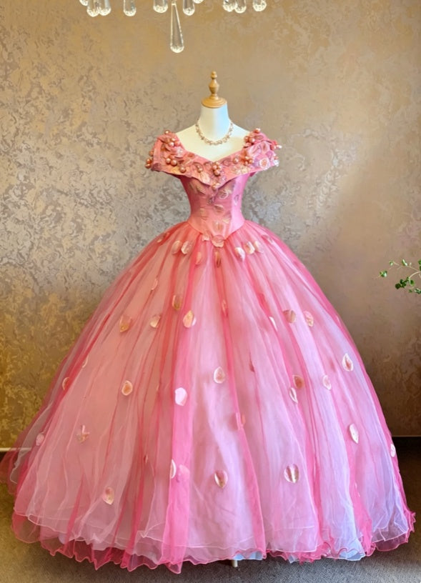 Romantic Pink Off The Shoulder 3D Floral & Pearl Petal Applique Tulle Ballgown Long Prom Dress AD1080