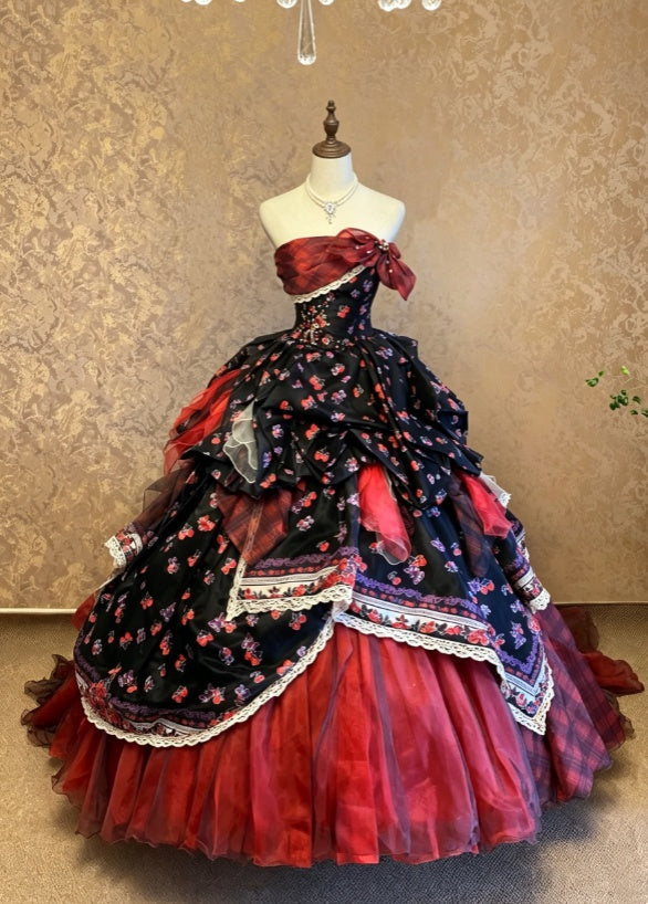 Unique Strapless Black Base Red Floral Print Side Bow Lace Trim Asymmetric Draped Skirt Red Tulle Train Ballgown Prom Dress AD1084