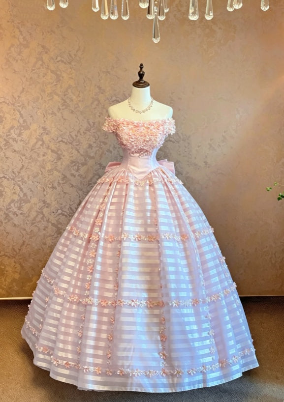 Romantic Light Pink Off The Shoulder Floral Ruffle Neck Large Back Bow Striped Floral Trim Ballgown Long Prom Dress AD1085