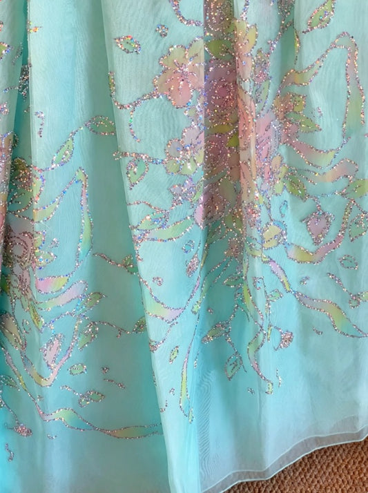 Elegant Mint Off The Shoulder Gitter Floral Print Satin Corset Voluminous Chiffon Skirt Ball Gown Long Prom Dress AD1086