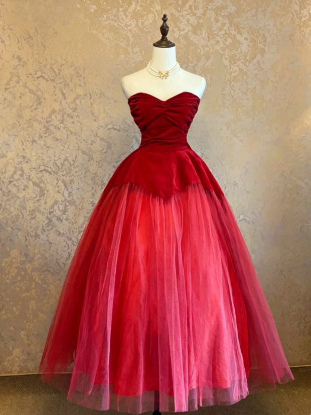 Glam Red Strapless Sweetheart Twist Ruched Velvet Bodice Tulle A Line Long Prom Dress AD1087