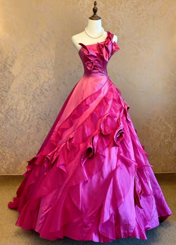 Chic Hot Pink One Shoulder Satin 3D Petal Floral Ruffle Voluminous A Line Long Prom Dress AD1089