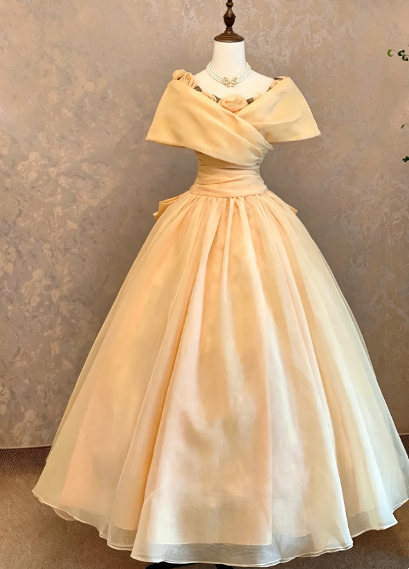 Elegant Light Yellow Off The Shoulder 3D Floral Neck Wrap Runched Bodice Voluminous Layered Chiffon Princess Ballgown Long Prom Dress AD1096