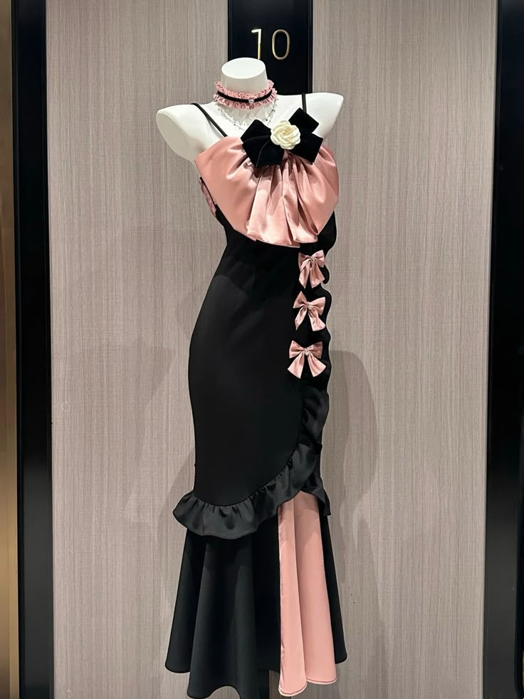 Elegant Black Pink Satin Spaghetti Strap Bow Floral Ruffle Slit Mermaid Long Prom Dress AD1101