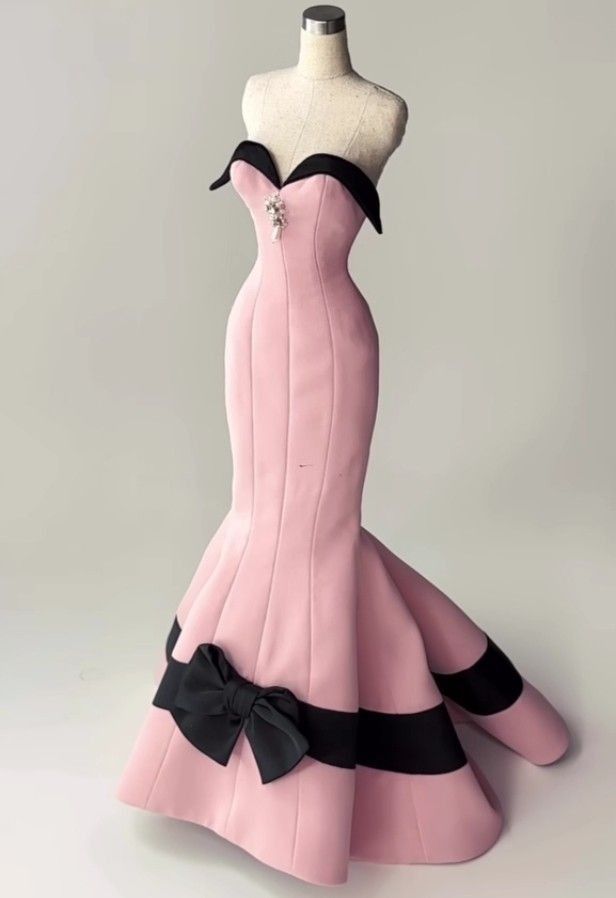 Chic Pink Black Contrast Strapless Sweetheart Neck Satin Bow Mermaid Long Prom Dress AD1103