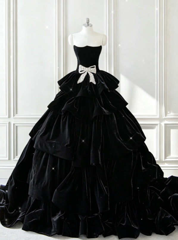 Luxurious Black Velvet Strapless Ball Gown Multi Tier Runched Ruffle Skirt Rhinestone Waist Bow With Train Prom Dress AD1108