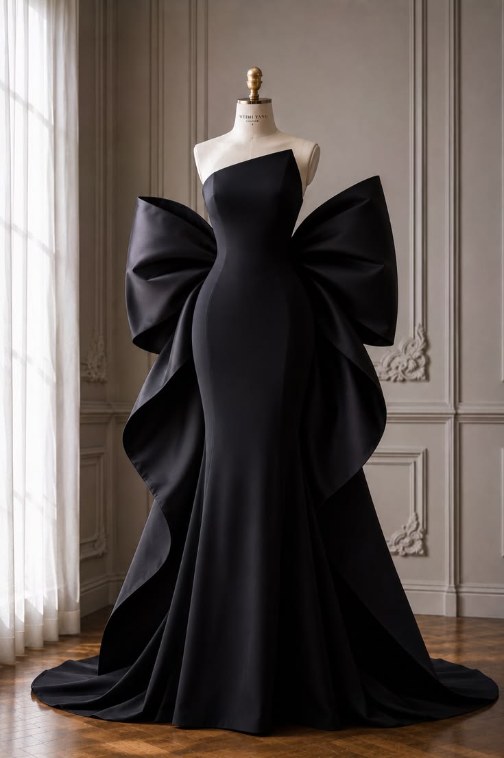 Dramatic Black Strapless Satin Oversized Side Bow Chapel Train Mermaid Prom Dress AD1116