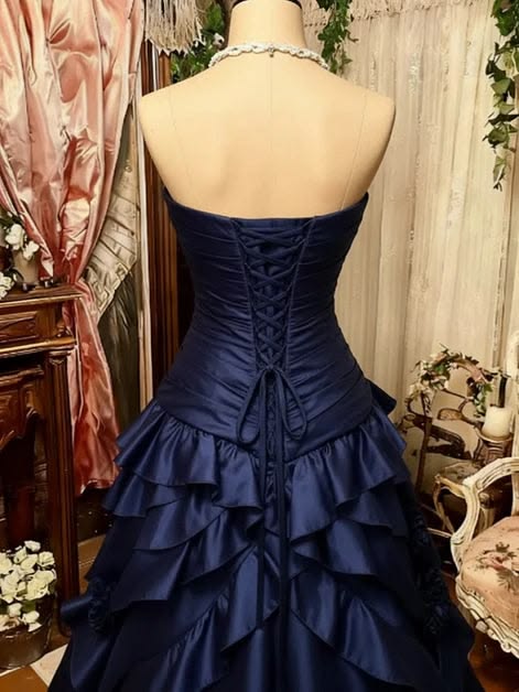 Elegant Navy Blue Strapless Sweetheart Neck Ruched Bodice 3D Floral Appliques Multi-Tier Ruffle Mermaid Long Prom Dress AD1123