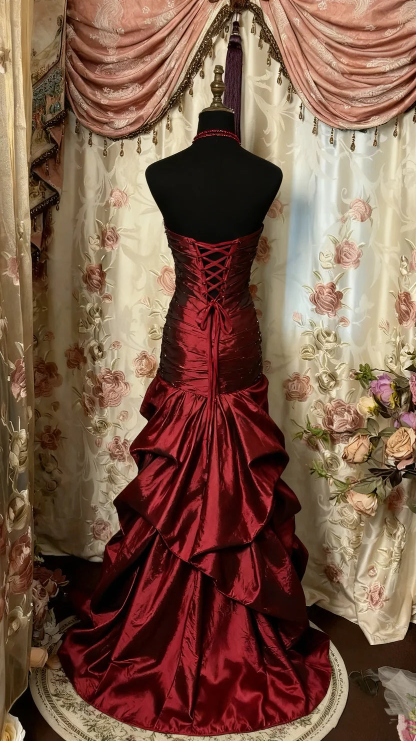 Glam Burgundy Strapless Sweetheart Neck Beaded Ruched Mermaid Long Prom Dress AD1133