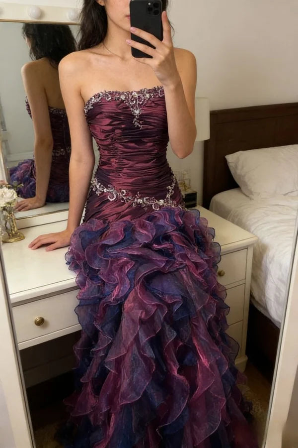 Enchanted Green Strapless Lace Applique Ruched Bodice Layered Ruffle Mermaid Long Prom Dress AD1135