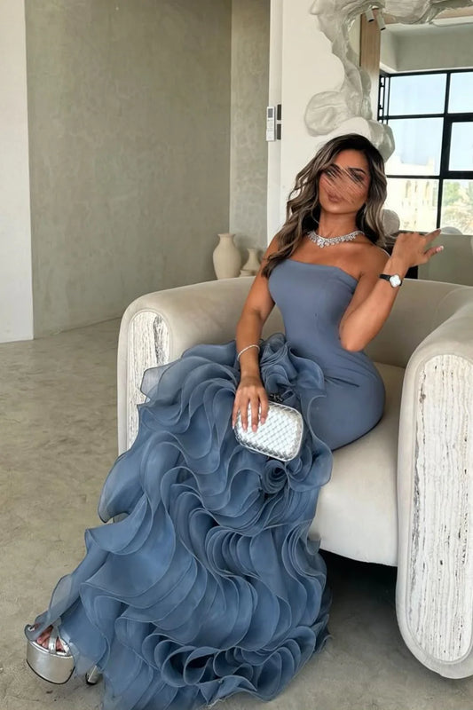 Elegant Mermaid Strapless Dusty Blue Long Tulle Prom Dress With Ruffle AD114