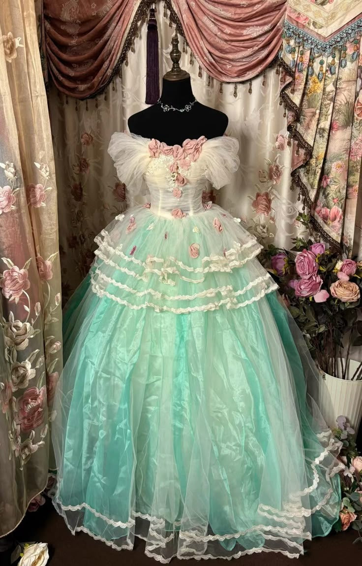 Fresh Mint Green Off Shoulder White Tulle Corset 3D Pink Floral Applique Ball Gown Long Prom Dress AD1142
