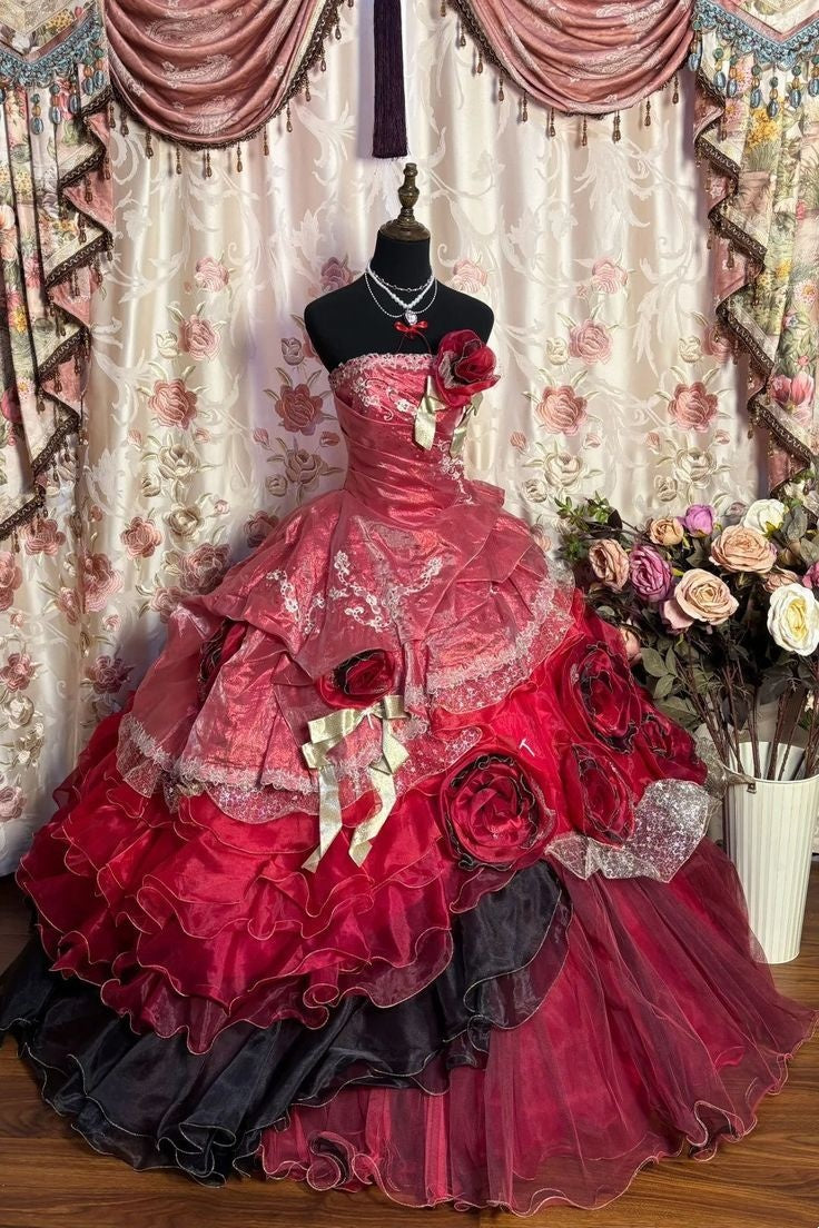 Glam Red Strapless Corset Big Red Rose Multi-Layer Ruffle Organza Ball Gown Long Prom Dress AD1147