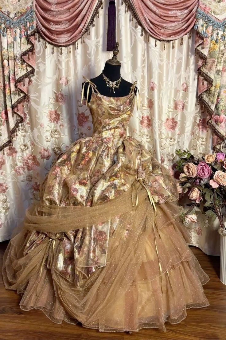 Vintage Gold Floral Spaghetti Strap Cowl Neck Multi-Layer Sheer Glitter Tulle Ball Gown Long Prom Dress AD1148