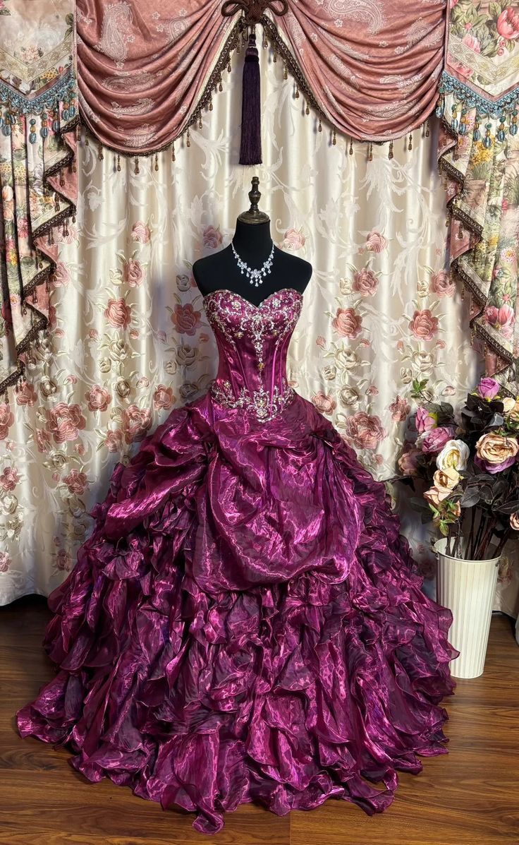 Opulent Fuchsia Sweetheart Neck Beaded Corset Voluminous Ruched Flounced Ball Gown Long Prom Dress AD1149