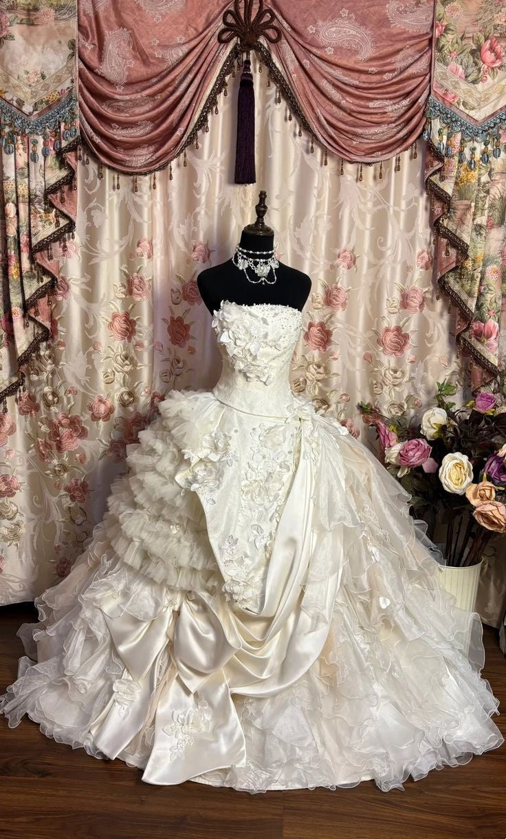 Elegant Ivory Strapless Corset 3D Floral Appliques Tiered Ruffle Tulle Chapel Train Ball Gown Long Prom Dress AD1150