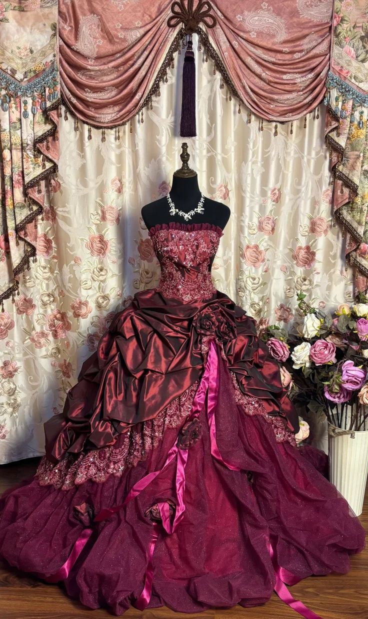 Opulent Burgundy Strapless Floral Beaded Runched Ruffle Draping Glitter Tulle Ball Gown Long Prom Dress AD1154