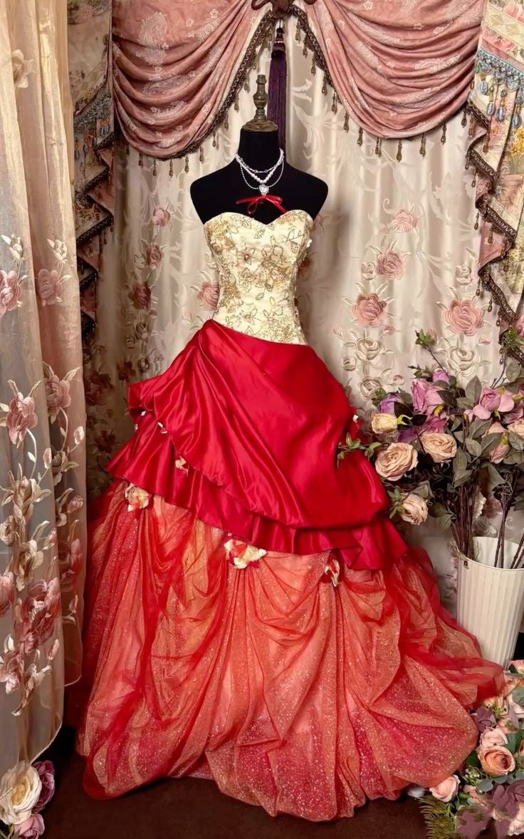 Glamorous Ivory Gold Embroidered Strapless Sweetheart Neck Red Satin Floral Glitter Tulle Train Ball Gown Long Prom Dress AD1157