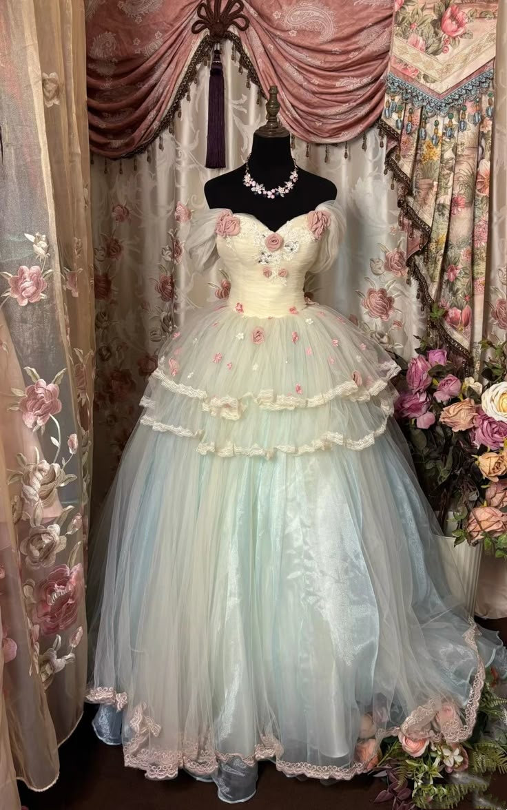 Dreamy Off Shoulder Light Blue 3D Pink Floral Appliques Tiered Tulle Ball Gown Long Prom Dress AD1158
