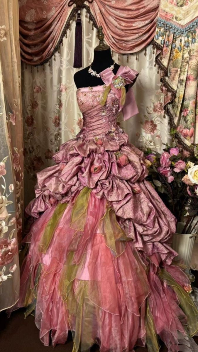 Regal Dusty Pink One Shoulder Big Shoulder Bow Floral Runched Voluminous Satin Multi-Layer Sheer Organza Ball Gown Long Prom Dress AD1165