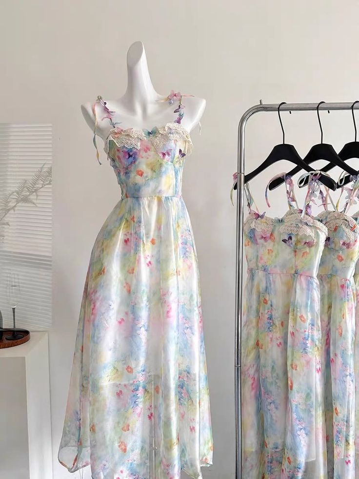 Fresh Watercolor Floral Spaghetti Strap Lace Trim Bust Flowy Chiffon A Line Long Prom Dress AD1169