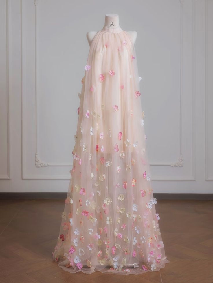 Romantic Blush Halter Neck 3D Floral Appliques Sleeveless Sheer Flowy A Line Long Prom Dress AD1171