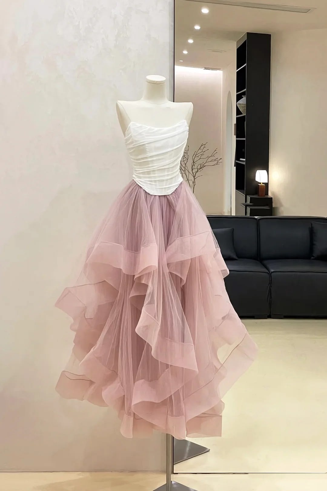 Elegant White Ruched Strapless Bodice Dusty Pink Layered Ruffle Tulle Irregular Hem A Line Long Prom Dress AD1172