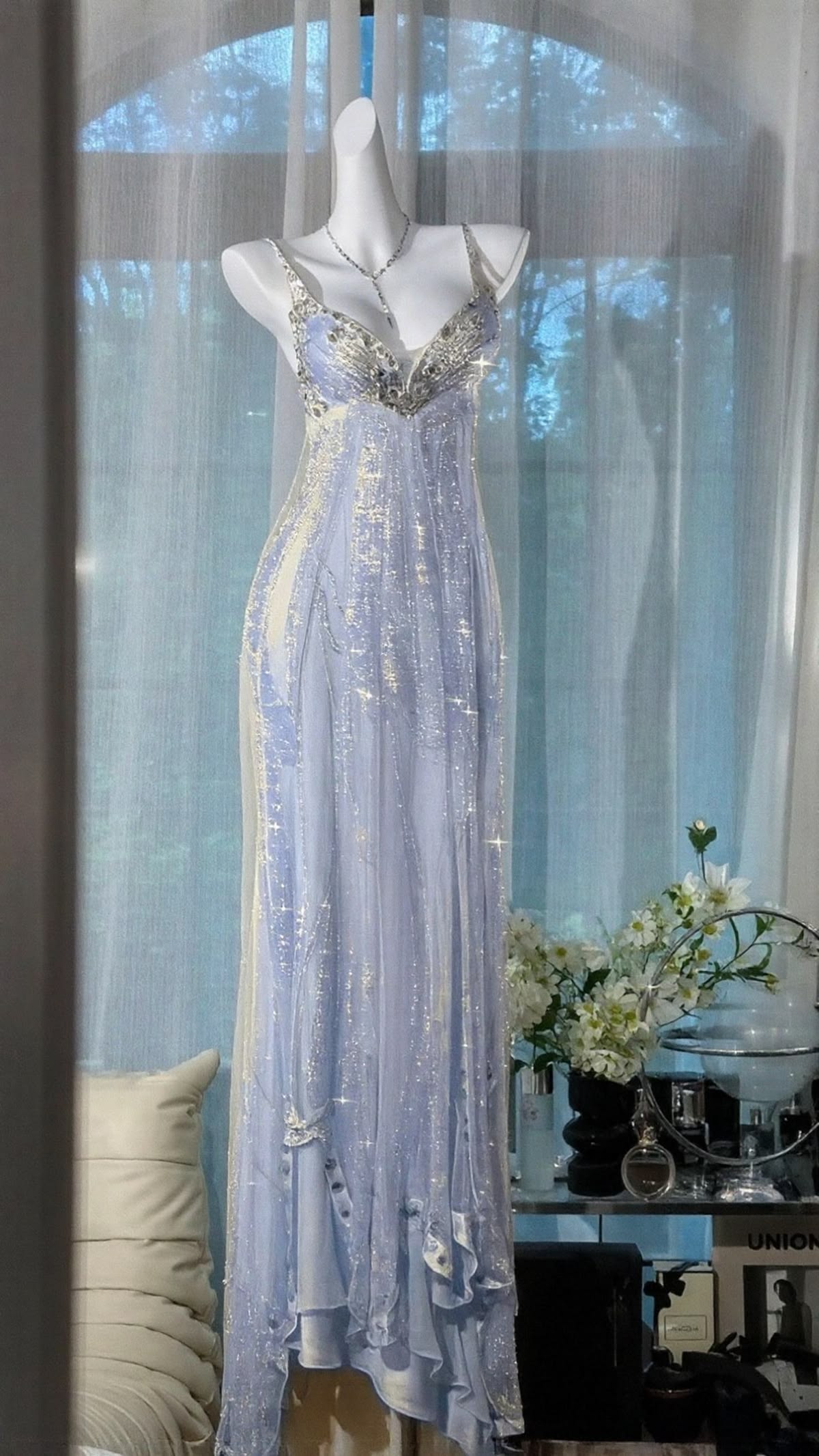Shimmery Lavender Spaghetti Straps Beaded Deep V Glitter Sheer Mesh A Line Long Prom Dress AD1179