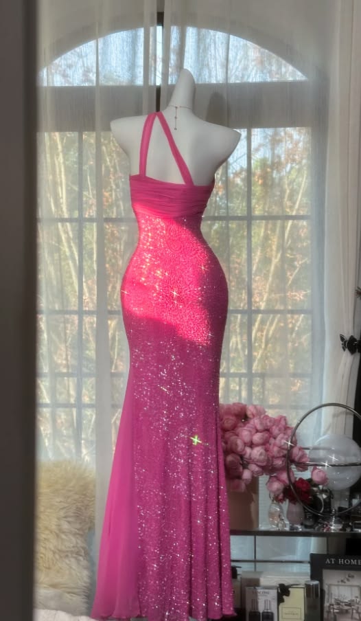 Vibrant Hot Pink One Shoulder Sparkling Sequin Mermaid Long Prom Dress AD1180