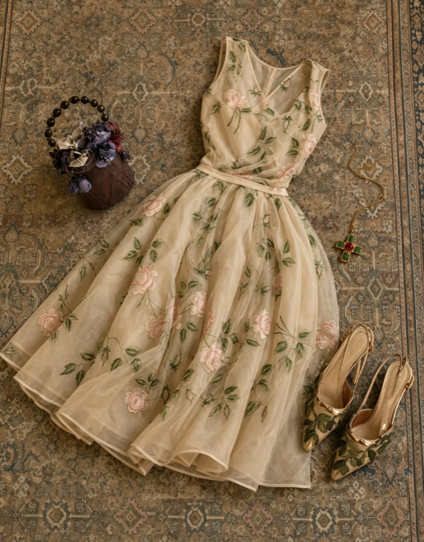 Romantic Ivory Sleeveless V-Neck Floral Embroidery Tulle A-Line Midi Prom Dress AD1186