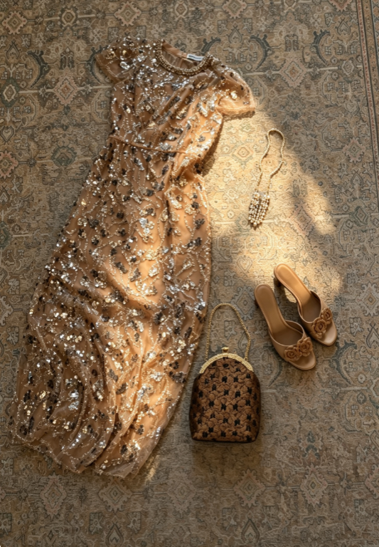 Dazzling Warm Brown Round Neck Short Sleeve Sequin Beaded Tulle A Line Long Prom Dress AD1190
