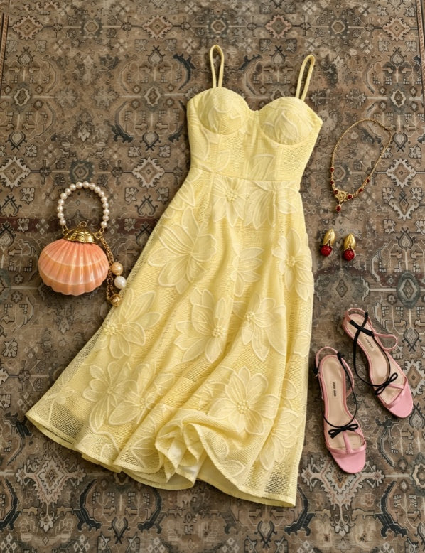 Bright Yellow Spaghetti Strap Sweetheart Neck Floral Lace A-Line Long Prom Dress AD1193