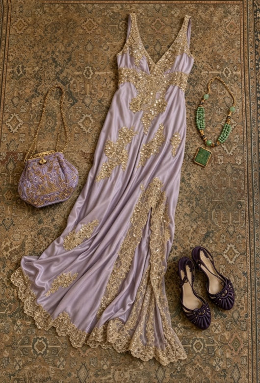 Regal Lavender Satin V-Neck Sleeveless Gold Sequin Lace Appliques High Side Slit A Line Long Prom Dress AD1194