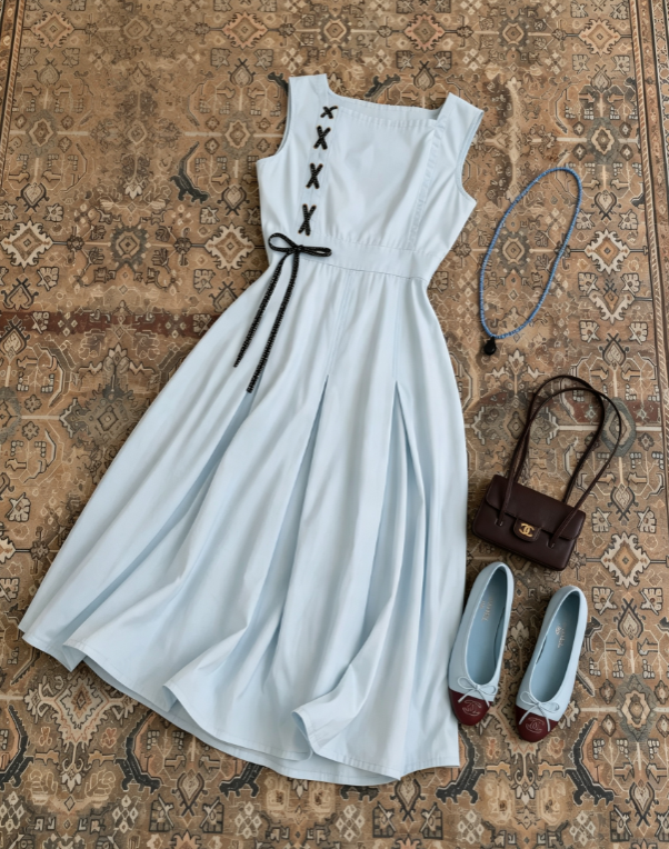 Fresh Light Blue Square Neck Sleeveless Black Crisscross Bow Pleated A Line Long Prom Dress AD1195