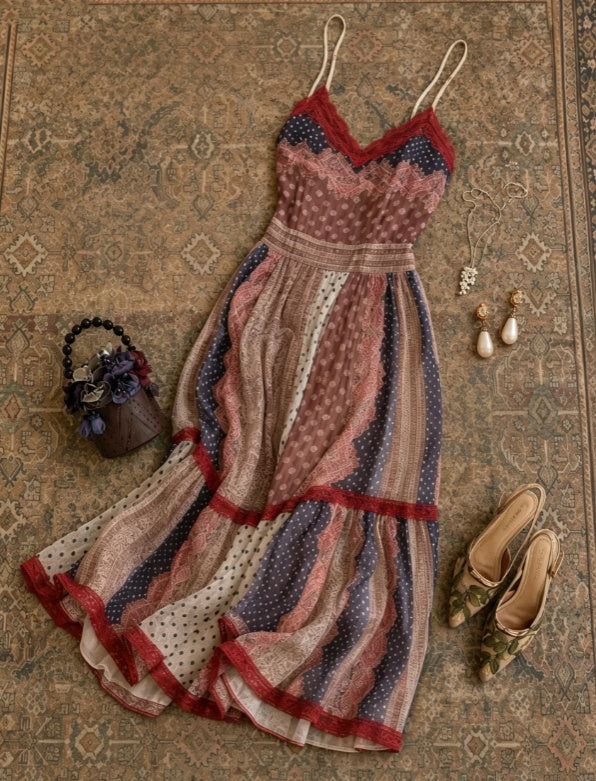 Classic Print V-Neck Spaghetti Strap Red Lace Trim A Line Long Prom Dress AD1198