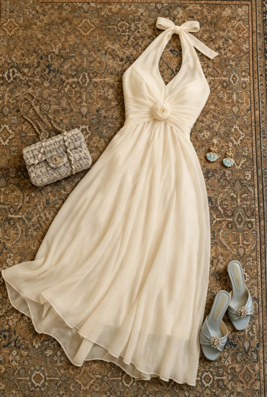 Elegant Ivory Halter V Neck 3D Floral Ruched Waist A Line Chiffon Long Prom Dress AD1199