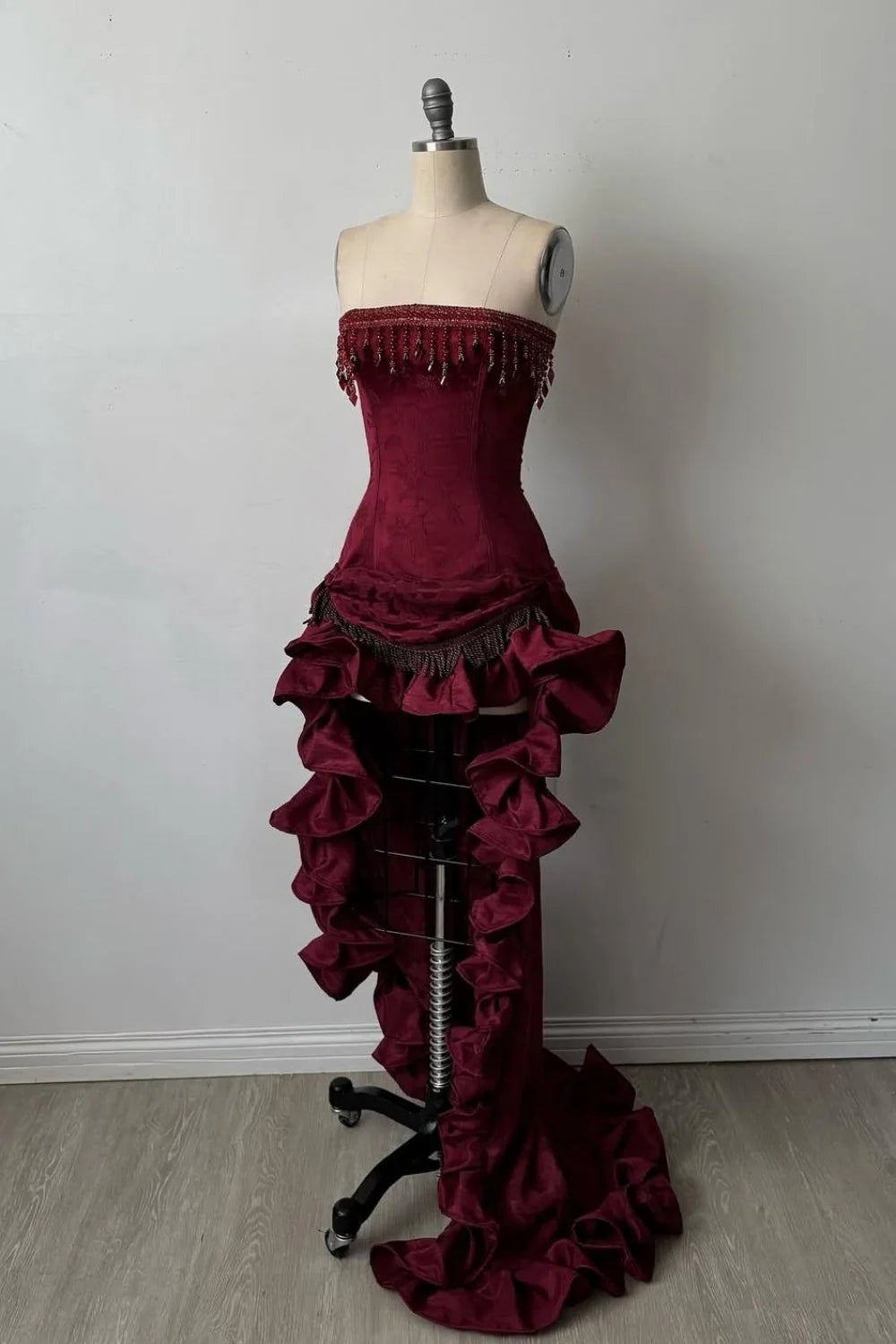 Elegant Strapless High-Low Evening Dress With Tassel Beading & Ruffles AD120