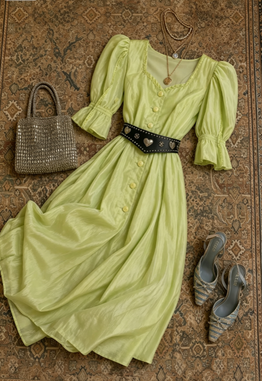 Chic Green Sweetheart Neck Short Puff Sleeve A Line Flowy Chiffon Long Prom Dress With Heart Stud Belt AD1200