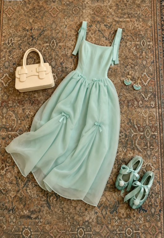 Fresh Mint Green Square Neck Straps Bows A Line Organza Long Prom Dress AD1202