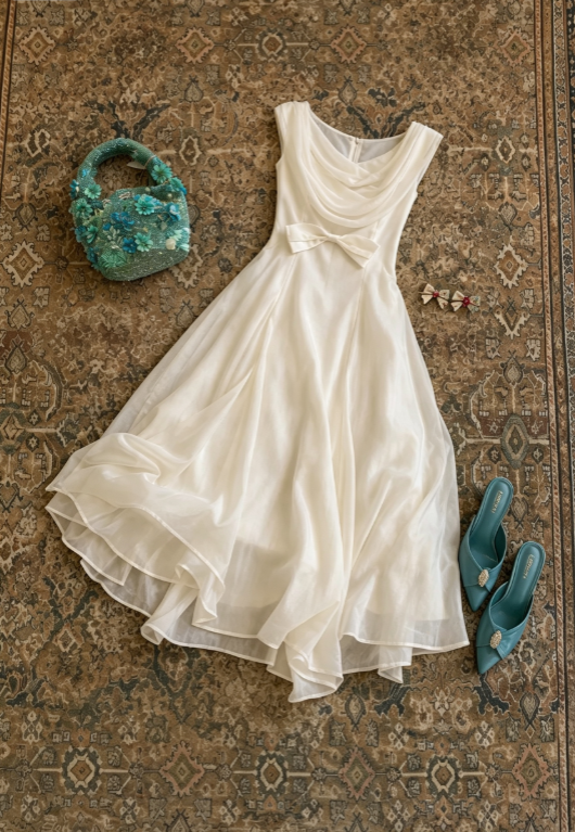 Elegant Ivory Sleeveless Cowl Neck Chiffon Waist Bow A Line Midi Prom Dress AD1203