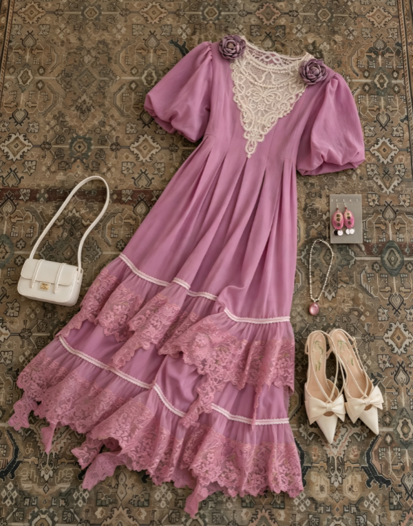 Romantic Dusty Purple Vintage Round Neck Puff Short Sleeves 3D Rose Floral Tiered Ruffle Lace Hem A Line Long Prom Dress AD1204