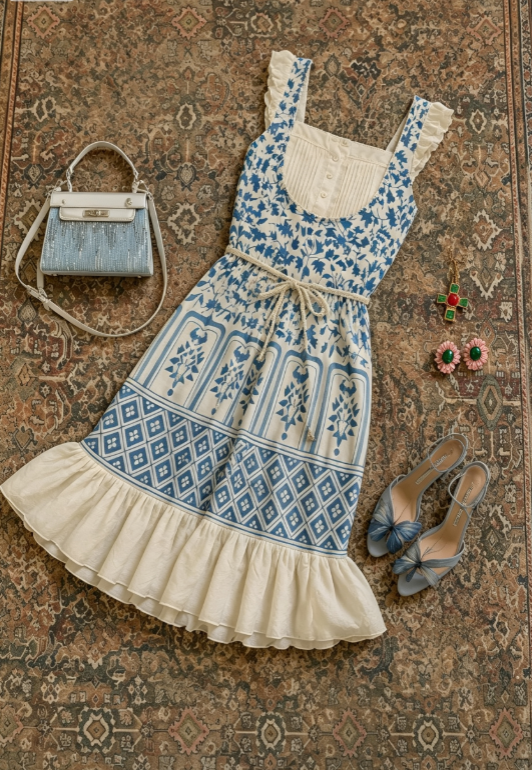 Fresh Blue And White Porcelain Print Square Neck Ruffled Straps Sheath Ruffle Hem Midi Prom Dress AD1206
