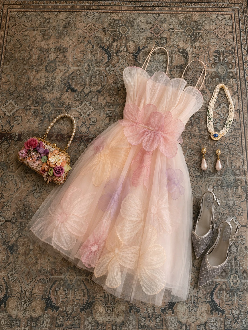 Dreamy Peach Spaghetti Straps 3D Organza Floral Appliques A Line Tulle Midi Prom Dress AD1211