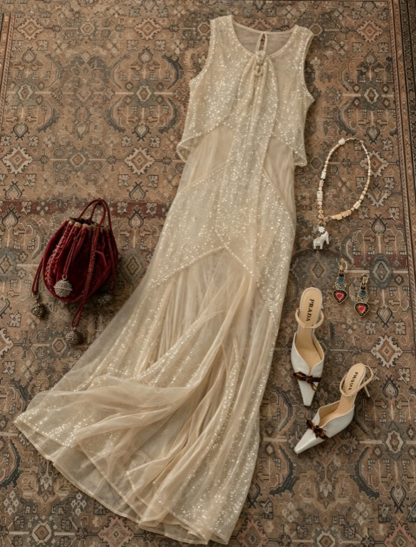 Dazzling Champagne Round Twisted Neck Sleeveless Sequin Mesh A Line Long Prom Dress AD1221