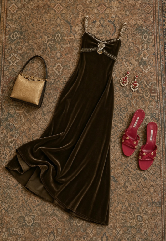 Luxurious Dark Brown Velvet Spaghetti Strap Beaded Mermaid Long Prom Dress AD1225