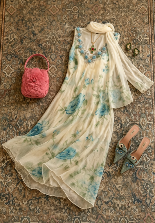 Elegant Ivory Sleeveless 3D Floral Neck Trim Blue Floral Print Flowy A Line Long Prom Dress AD1232